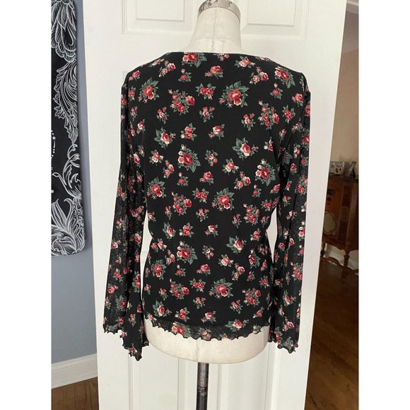 Style & Co black floral L/S top with bell sleeves MED - Picture 2 of 4